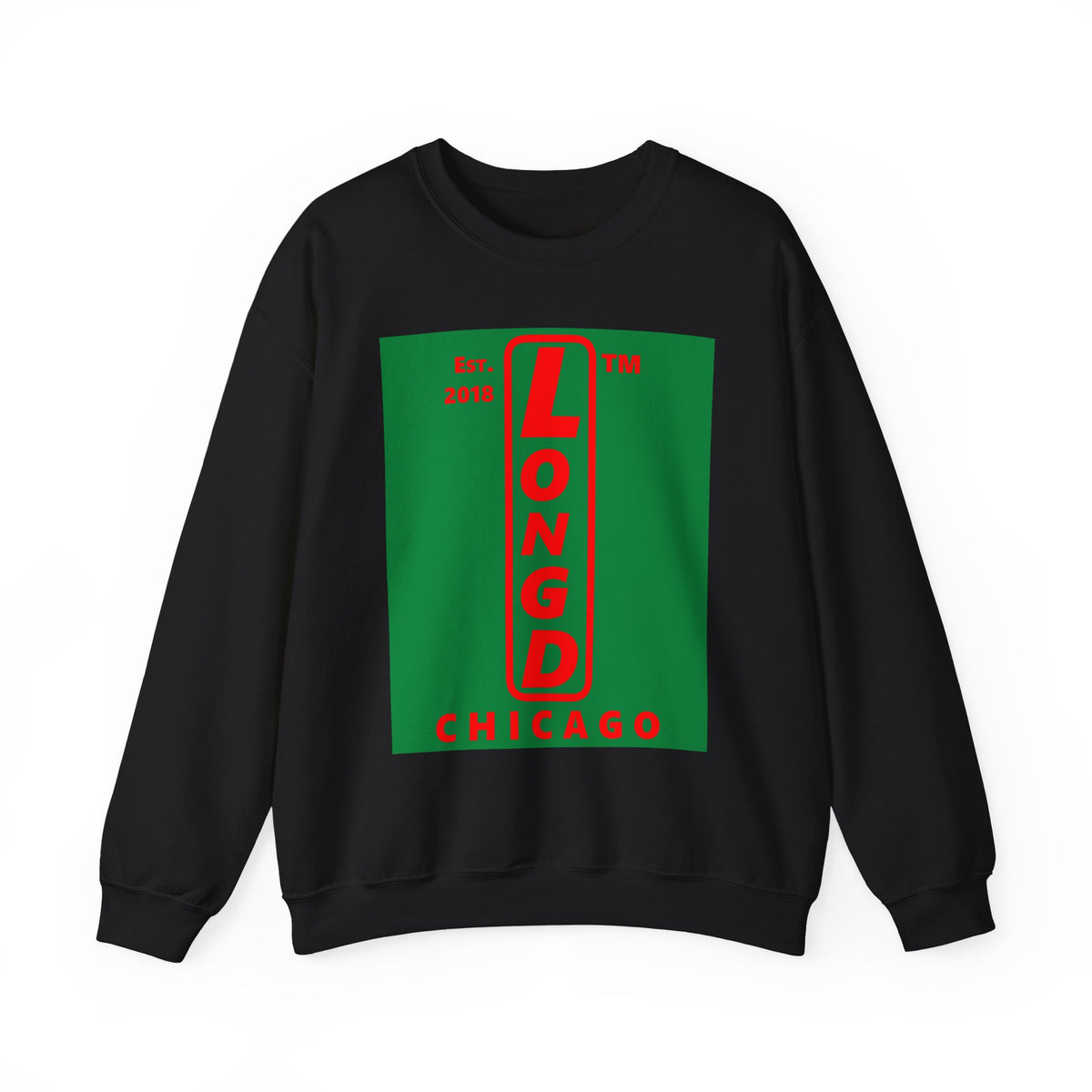 LongD Chicago upright logo positive red on negative green (Xmas colors) crewneck sweatshirt