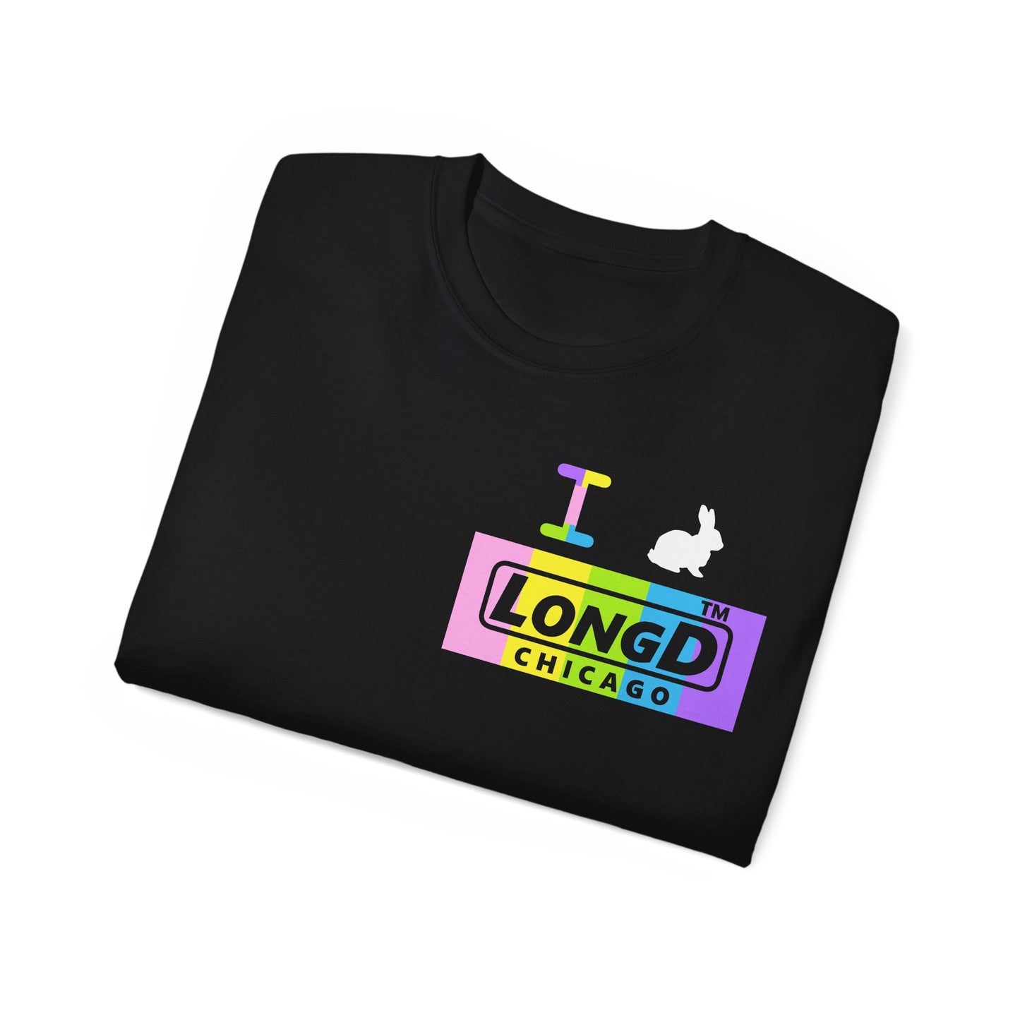 I Bunny LongD® negative vertical striped front-back Chicago Logo Cotton Tee