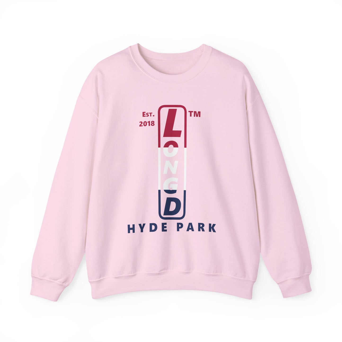 LongD positive horizontal 3-striped Hyde Park upright logo crewneck sweatshirt (patriotic colors)