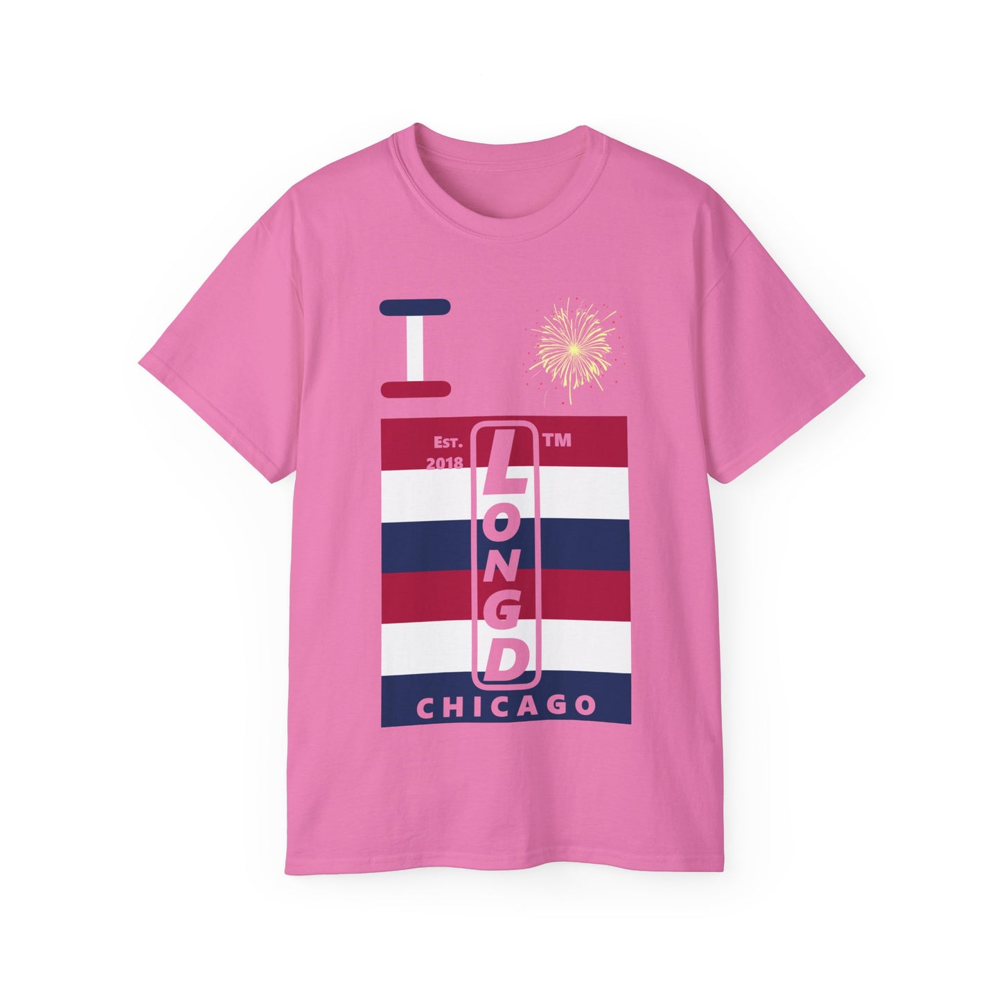 I Burst LongD cotton tee negative horizontal 6-striped Chicago upright logo (Patriotic colors)