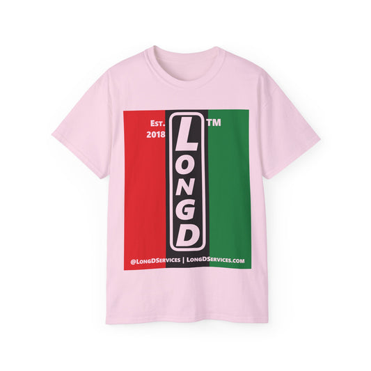 LongD Cotton Tee negative vertical striped tag-domain upright logo (Juneteenth colors)