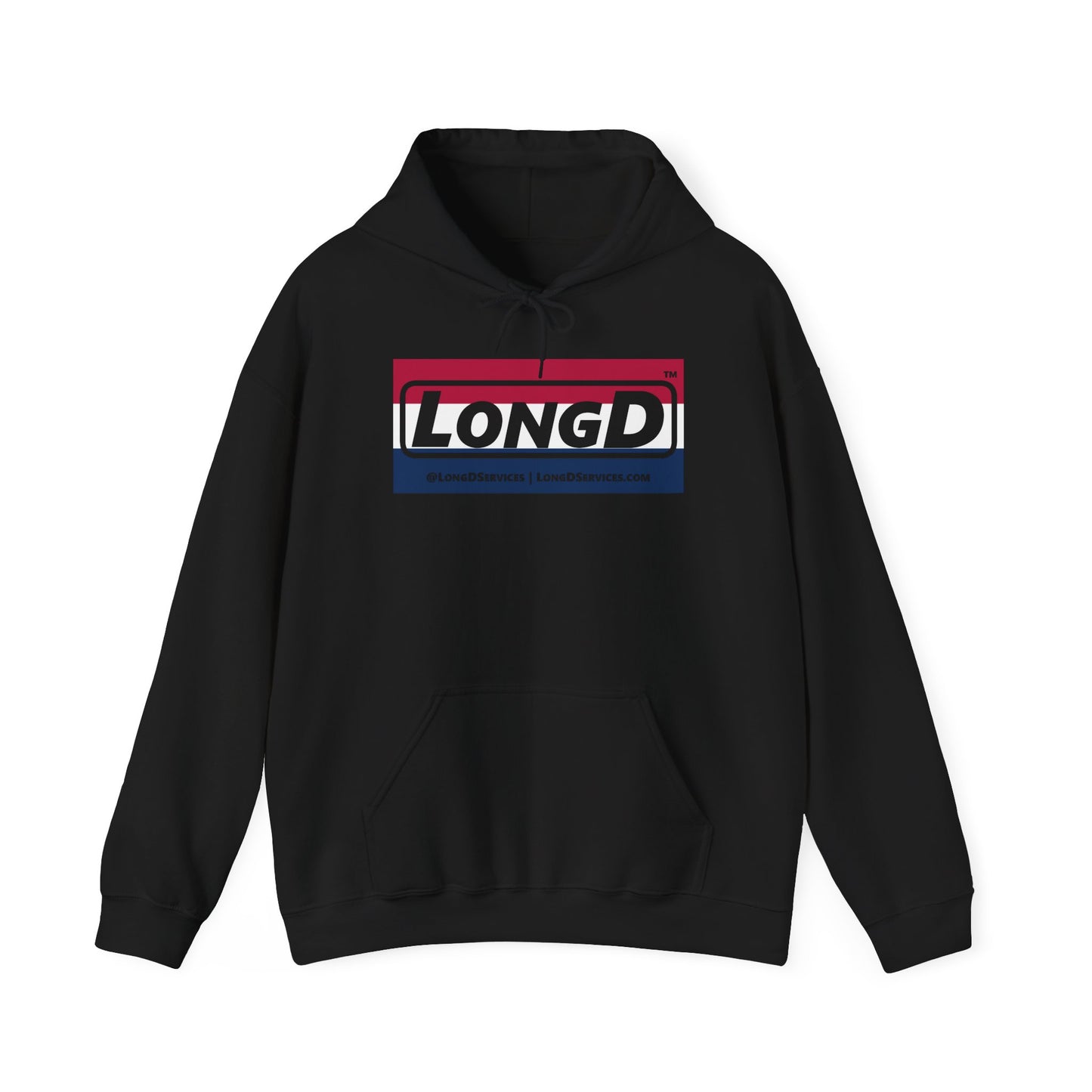 LongD® Logo Hoodie red, white and blue negative striped thirds