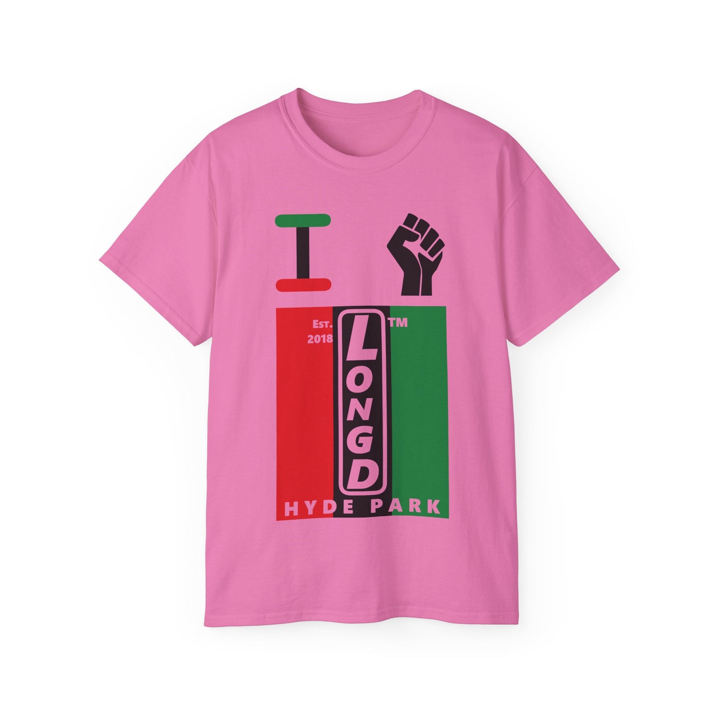 I fist LongD Cotton Tee negative vertical striped Hyde Park upright logo (Juneteenth colors)