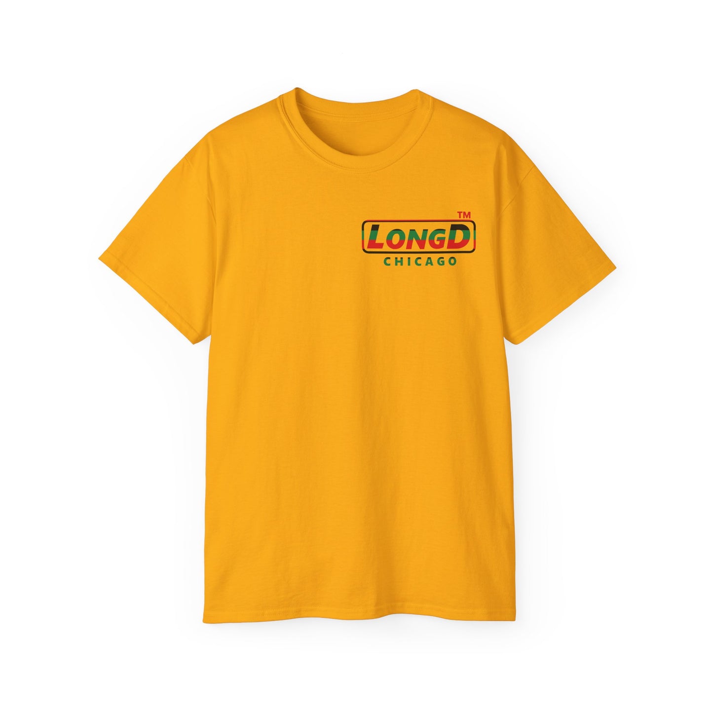 LongD positive horizontal 6-striped Chicago logo single-breasted front-back cotton tee (Juneteenth colors)