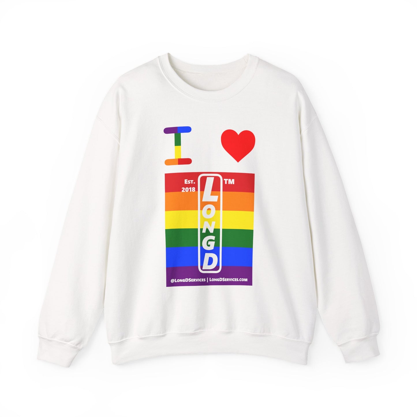 I Luv LongD negative horizontal 6-striped tag-domain upright logo crewneck sweatshirt