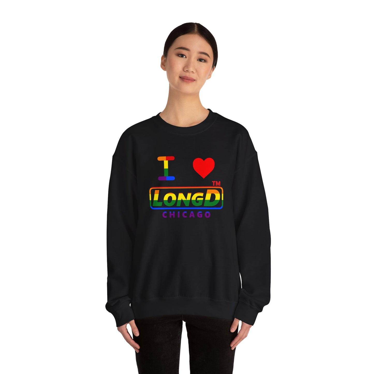 I Luv LongD positive horizontal striped front-back Chicago logo crewneck sweatshirt (Pride colors)