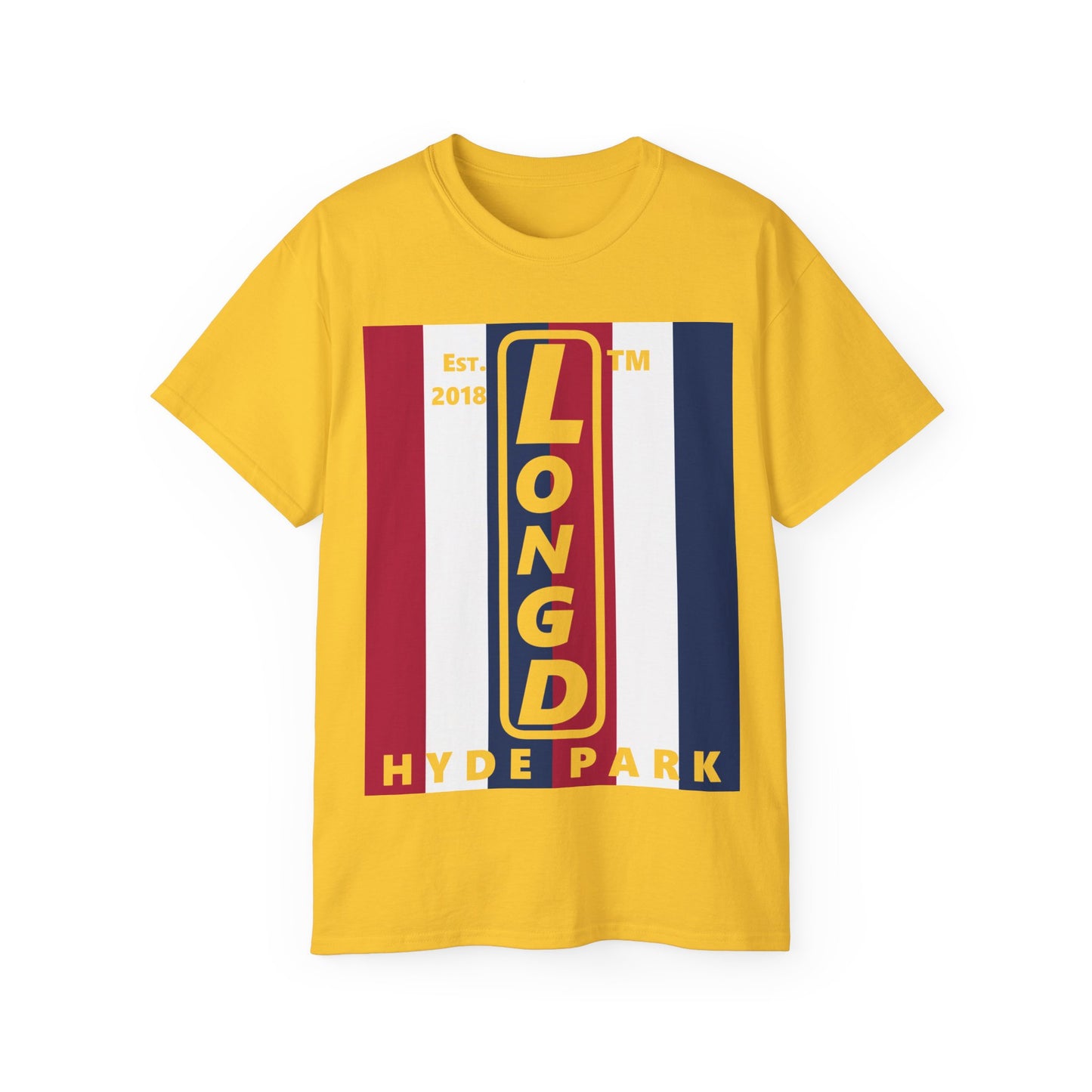 LongD cotton tee negative vertical 6-striped Hyde Park upright logo (Patriotic colors)