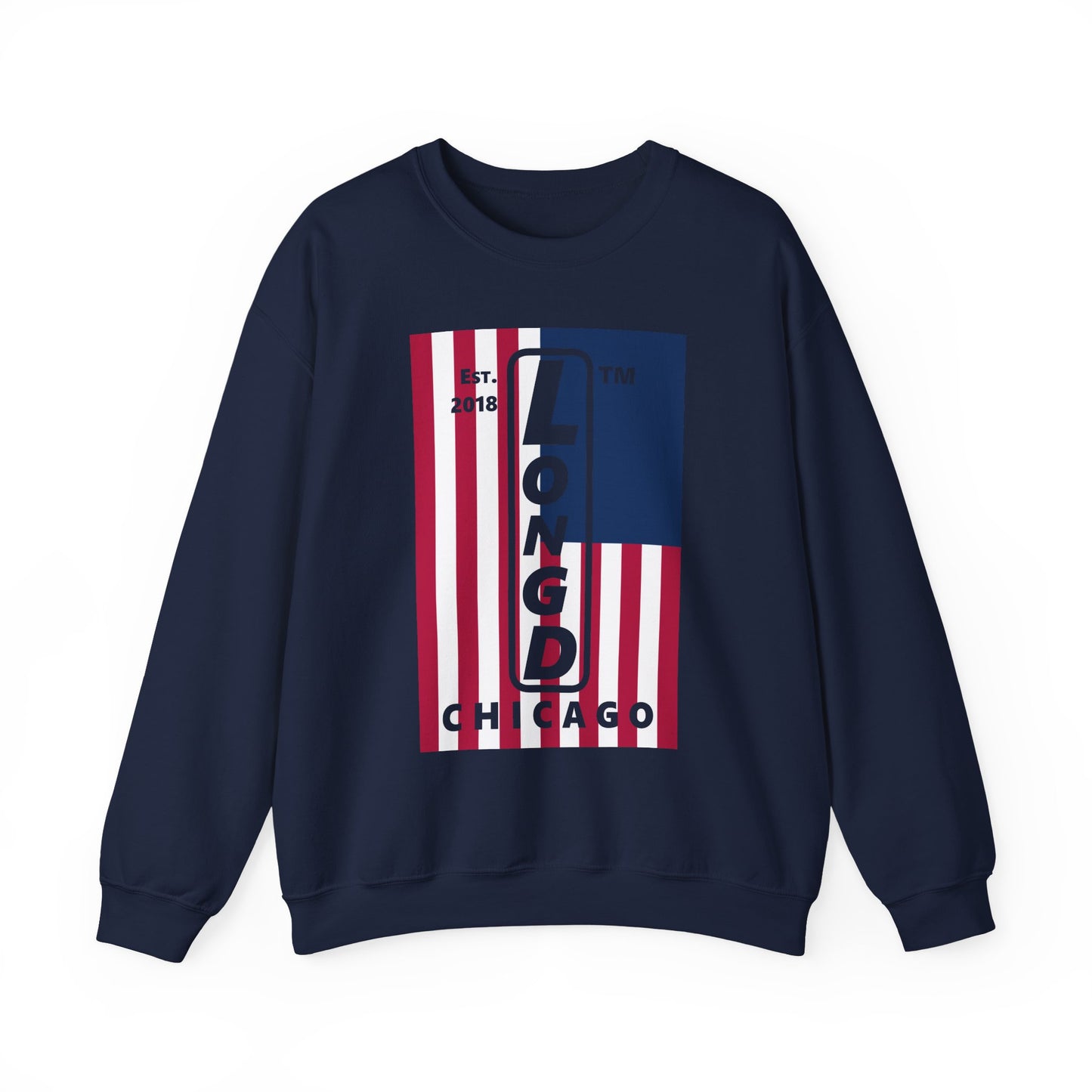LongD negative cropped flag Chicago logo crewneck sweatshirt (patriotic colors)