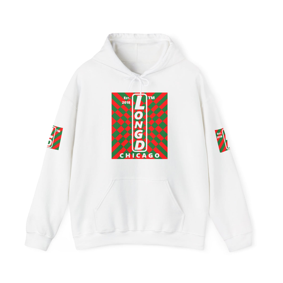 LongD Chicago negative upright stylized argyle 4-print logo (Xmas colors) hoodie