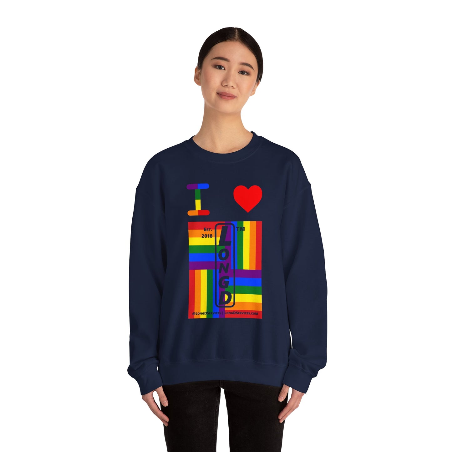 I Luv LongD negative windmill tag-domain upright front-back logo crewneck sweatshirt