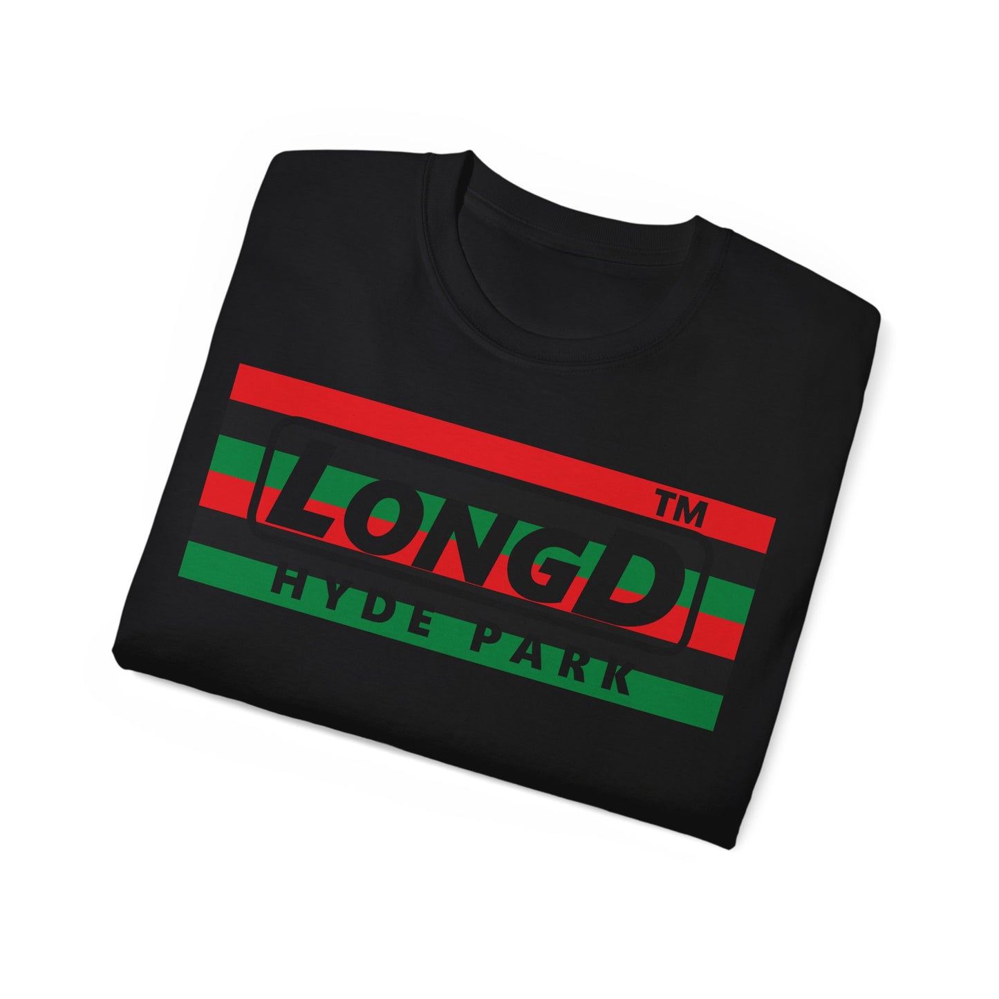 LongD negative horizontal 6-striped Hyde Park logo cotton tee (Juneteenth colors)