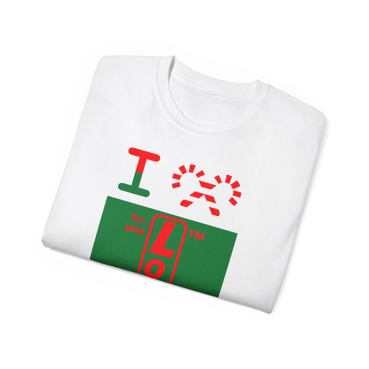 I candy cane LongD Tag-domain upright front-back logo positive red on negative green cotton tee