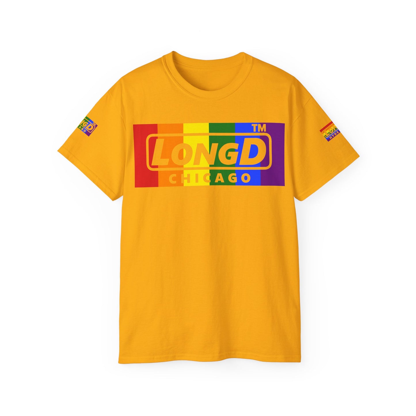 LongD negative vertical striped 4-print Chicago logo cotton tee (Pride colors)
