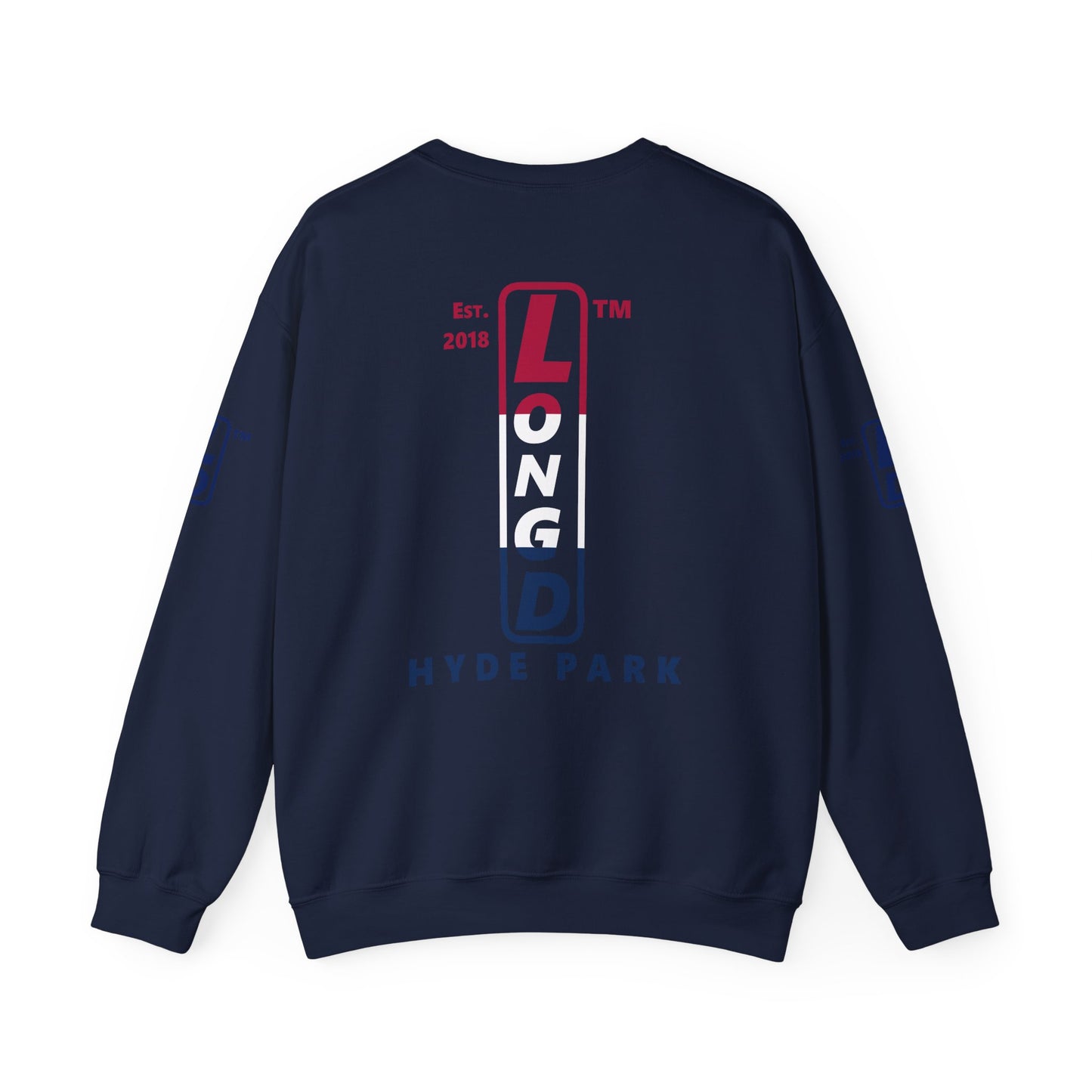 LongD positive horizontal 3-striped Hyde Park upright 4-print single-breasted logo crewneck sweatshirt (patriotic colors)