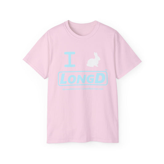 I Bunny LongD® Logo Cotton Tee Easter pastel blue text (white Easter Bunny)