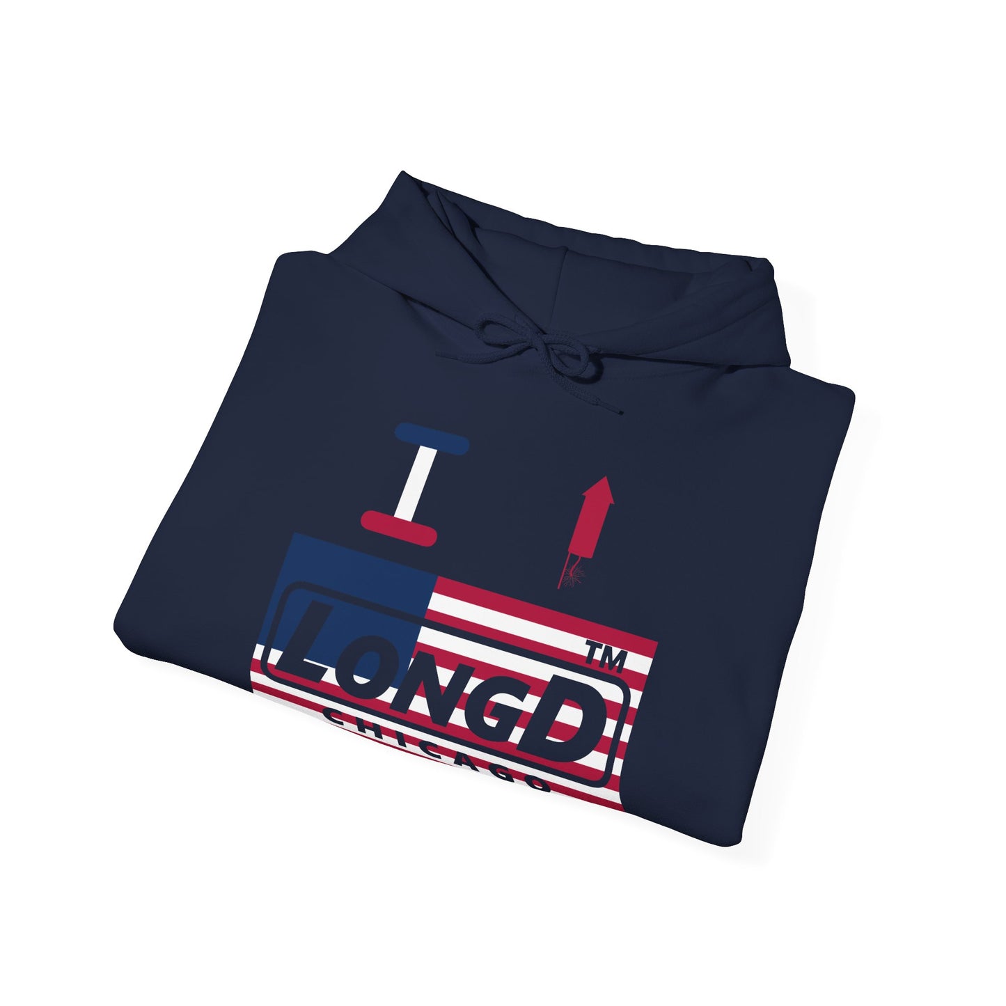 I firecracker LongD® negative flag front-back double breasted Chicago logo hoodie