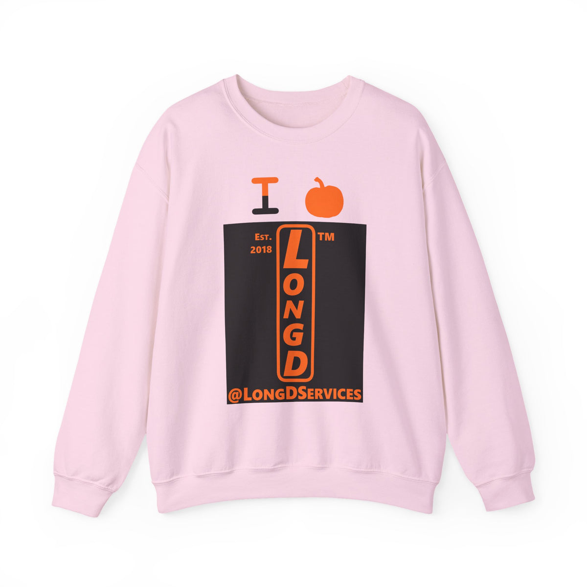 I pumpkin LongD Tag upright logo positive orange on negative black crewneck sweatshirt