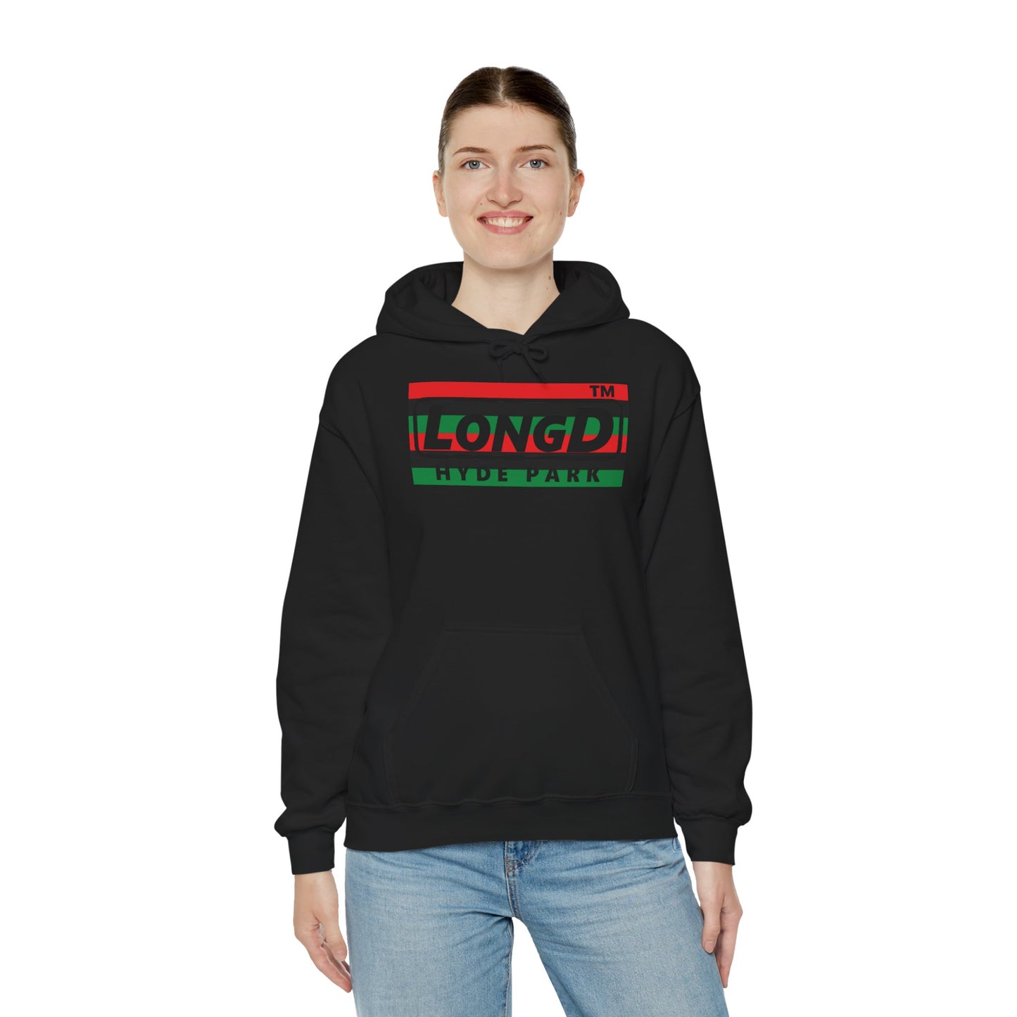 LongD® negative horizontal 6-striped Hyde Park logo Hoodie (Juneteenth colors)