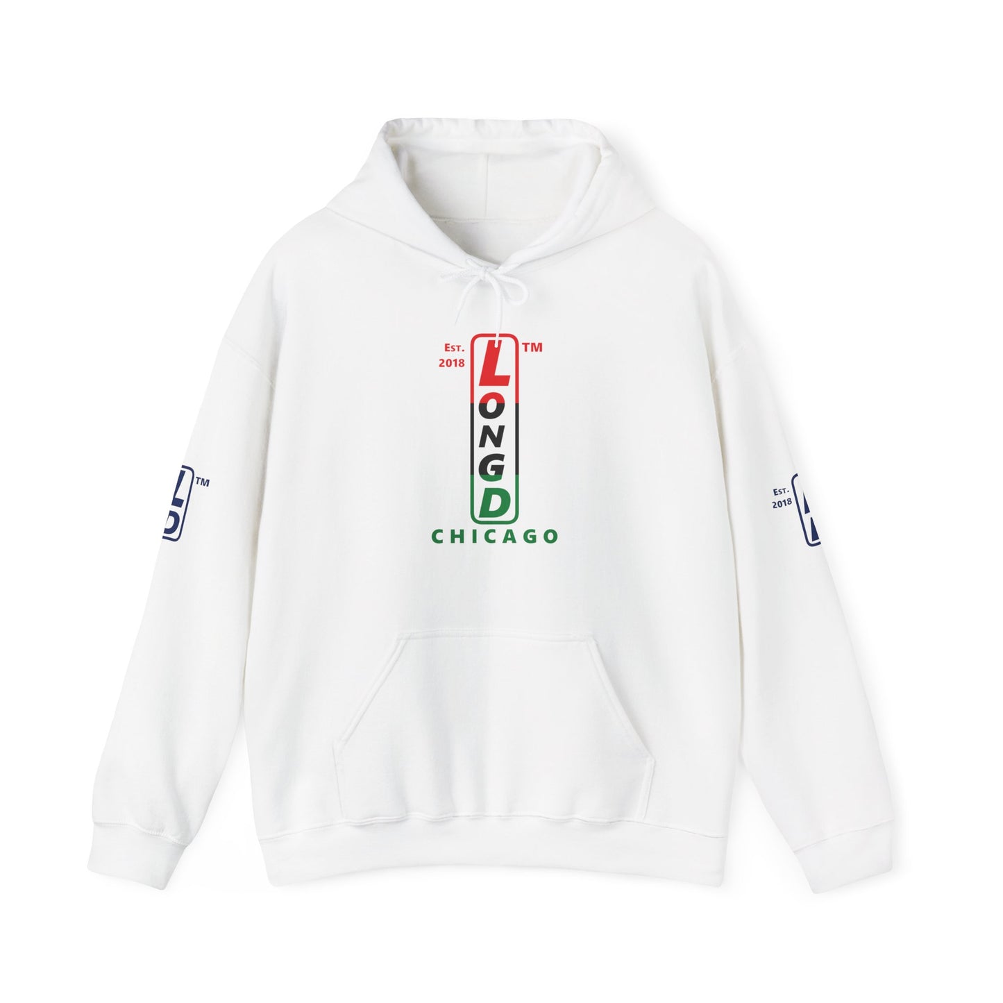 LongD® positive horizontal 3-striped Chicago 4-print upright logo hoodie (Juneteenth colors)