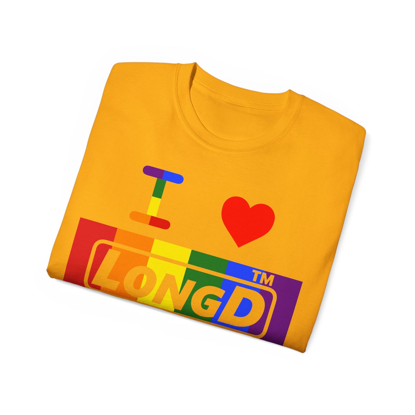 I Luv LongD negative vertical striped Hyde Park logo cotton tee (Pride colors)