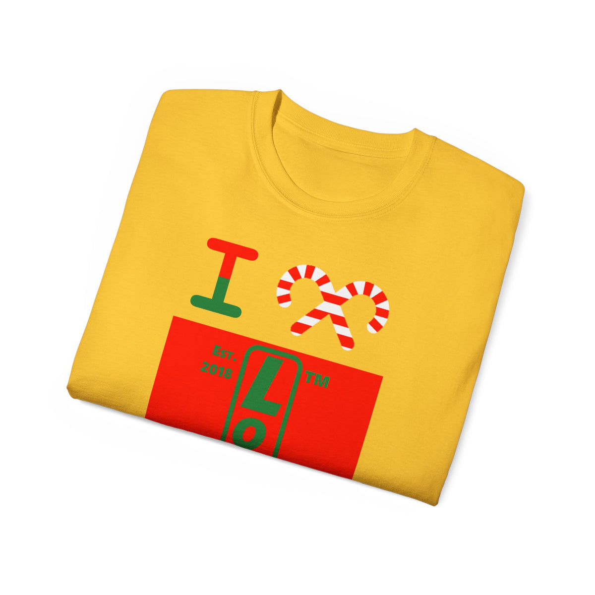 I candy cane LongD Chicago upright logo positive green on negative red cotton tee