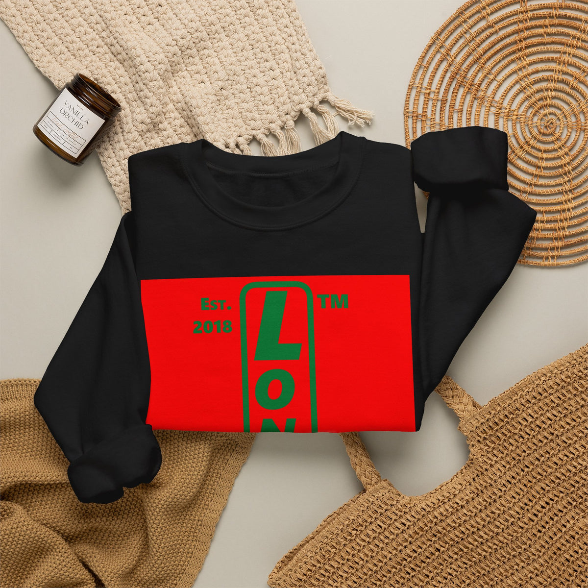 LongD Chicago upright logo positive green on negative red (Xmas colors) crewneck sweatshirt