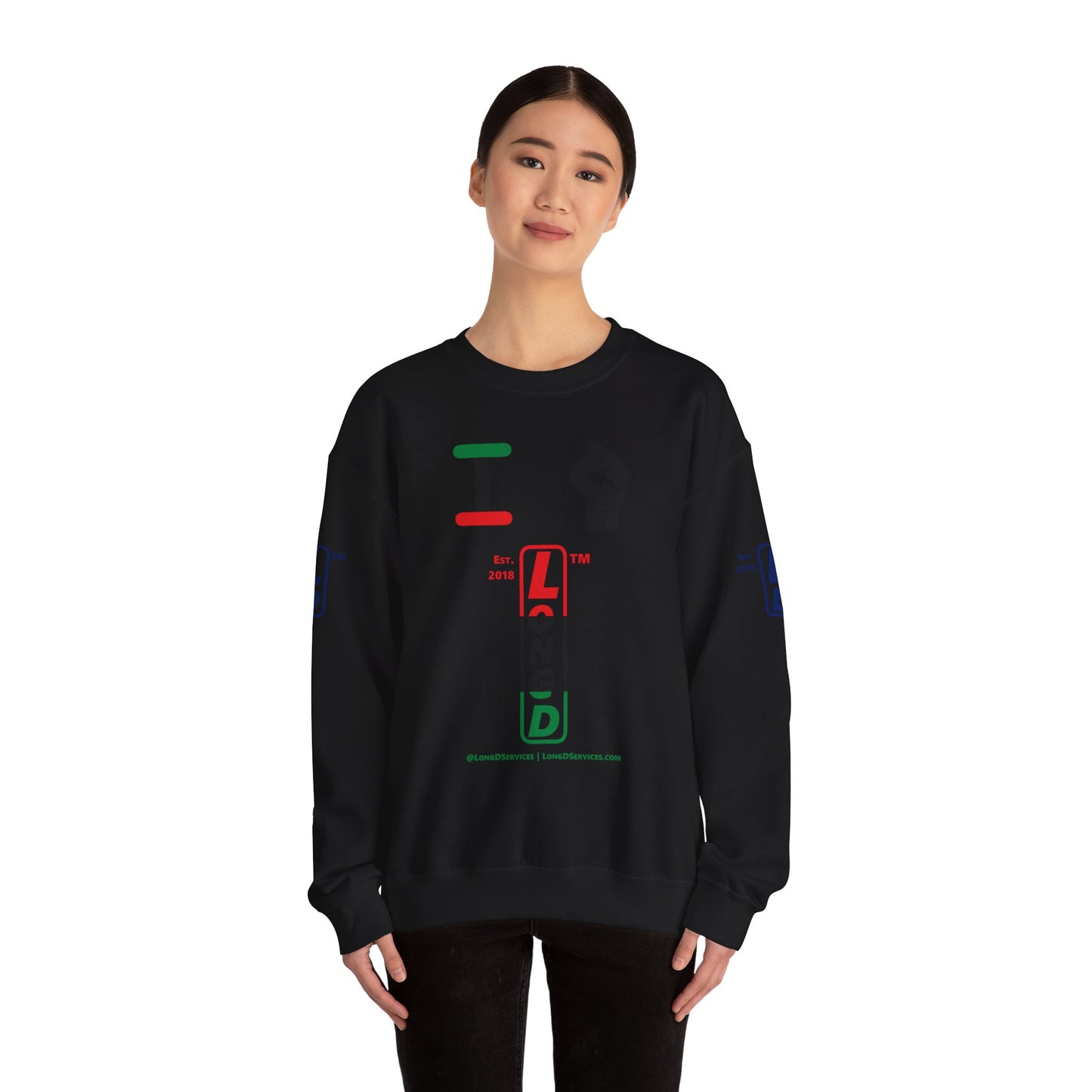 I Fist LongD positive horizontal 3-striped tag-domain upright 4-print logo crewneck sweatshirt
