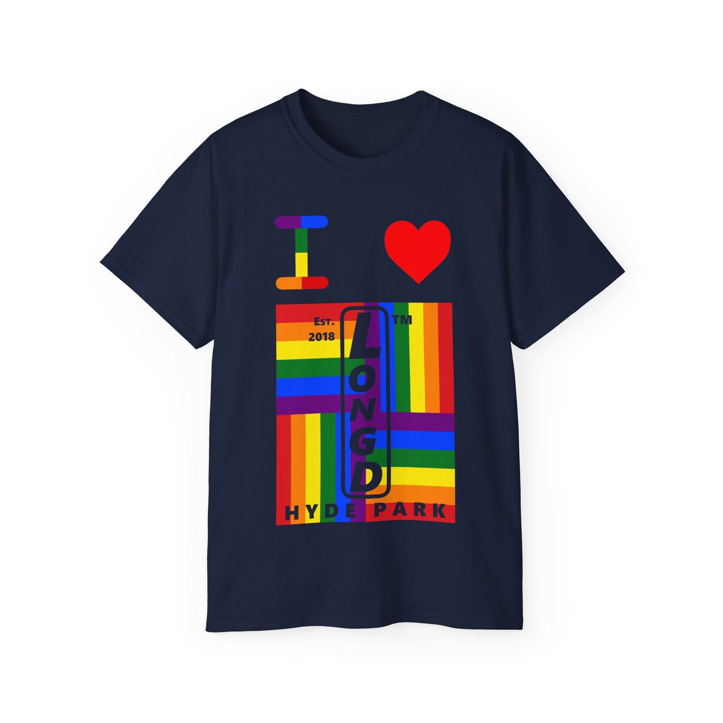 I Luv LongD Cotton Tee negative windmill Hyde Park upright logo (Pride colors)