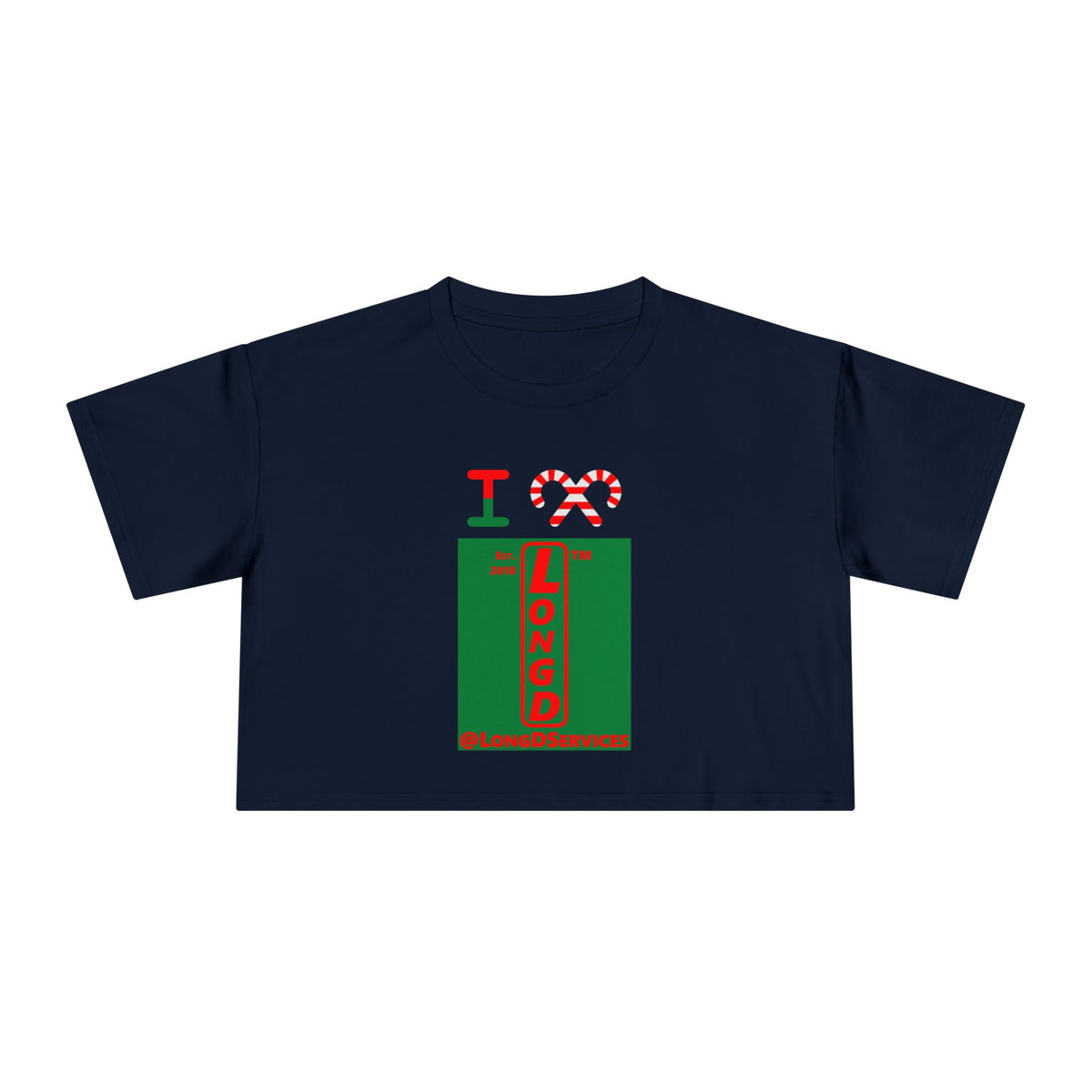 I candy cane LongD Tag upright front-back logo positive red on negative green crop tee