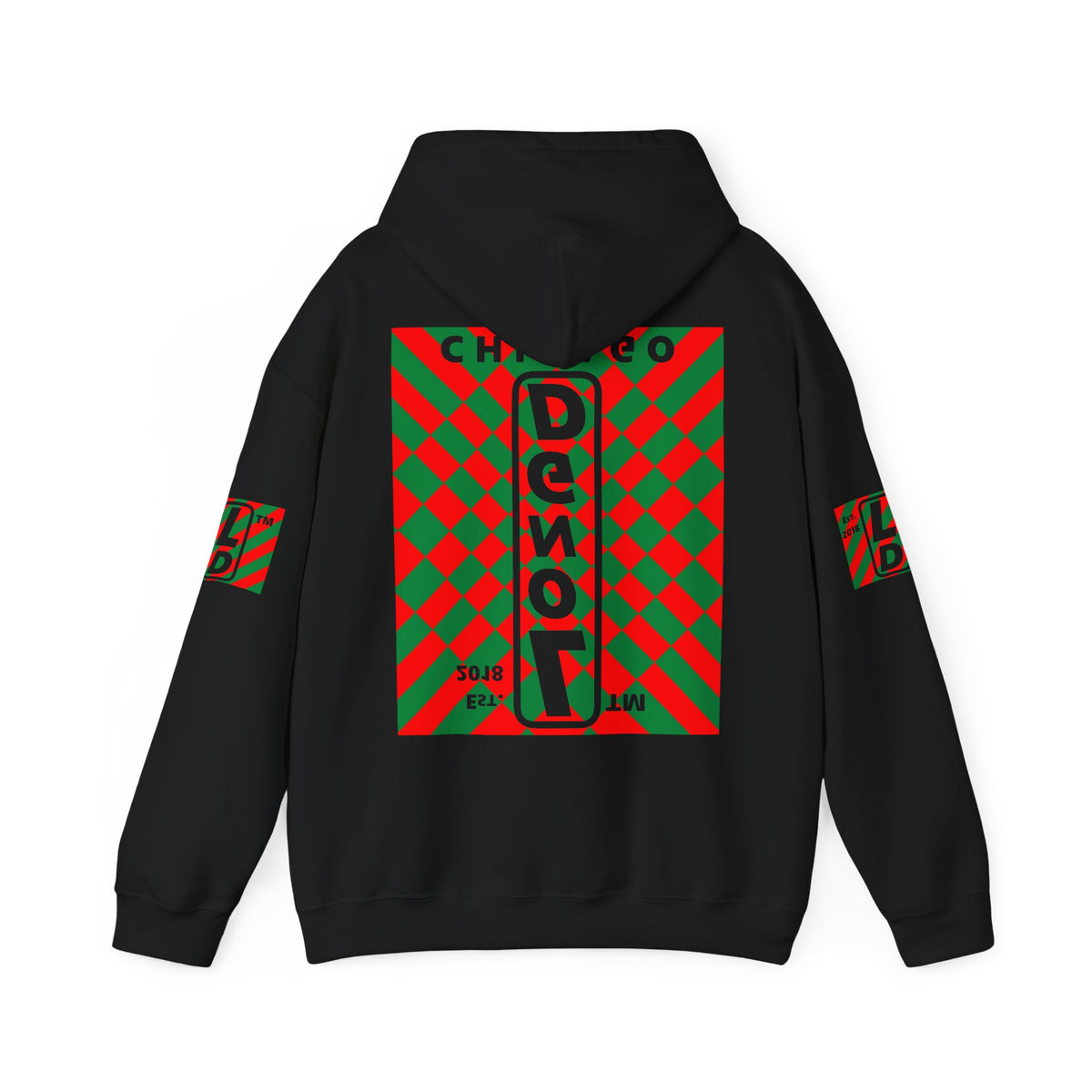 LongD Chicago negative upright stylized argyle 4-print logo (Xmas colors) hoodie