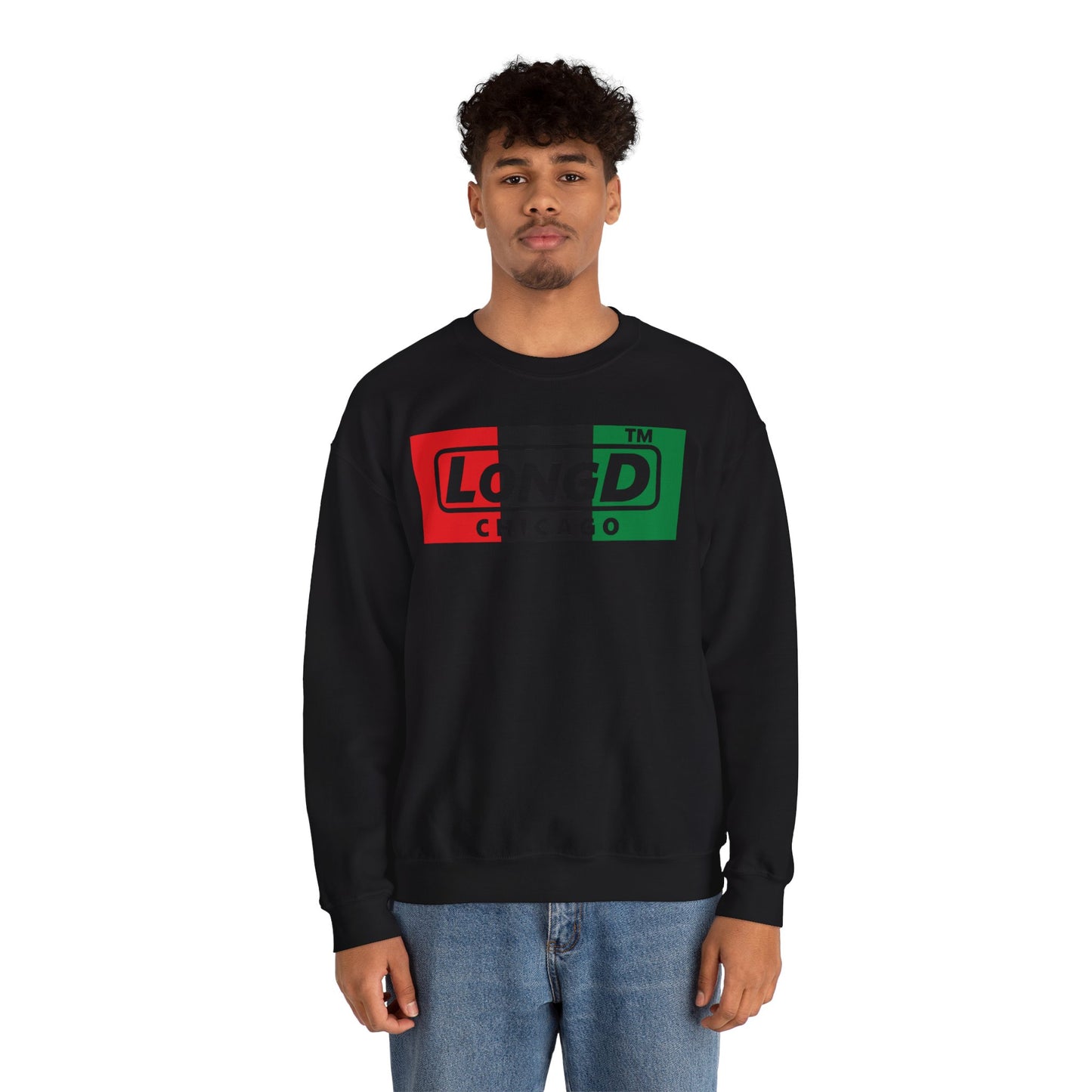 LongD negative vertical 3-striped Chicago logo crewneck sweatshirt (Juneteenth colors)