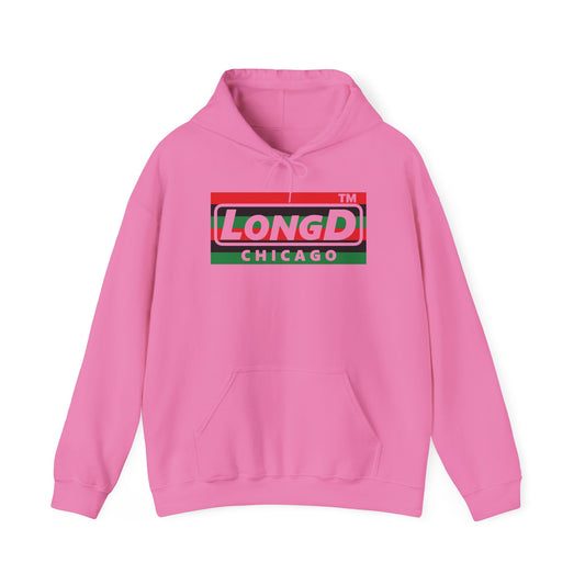 LongD® negative horizontal 6-striped Chicago logo Hoodie (Juneteenth colors)