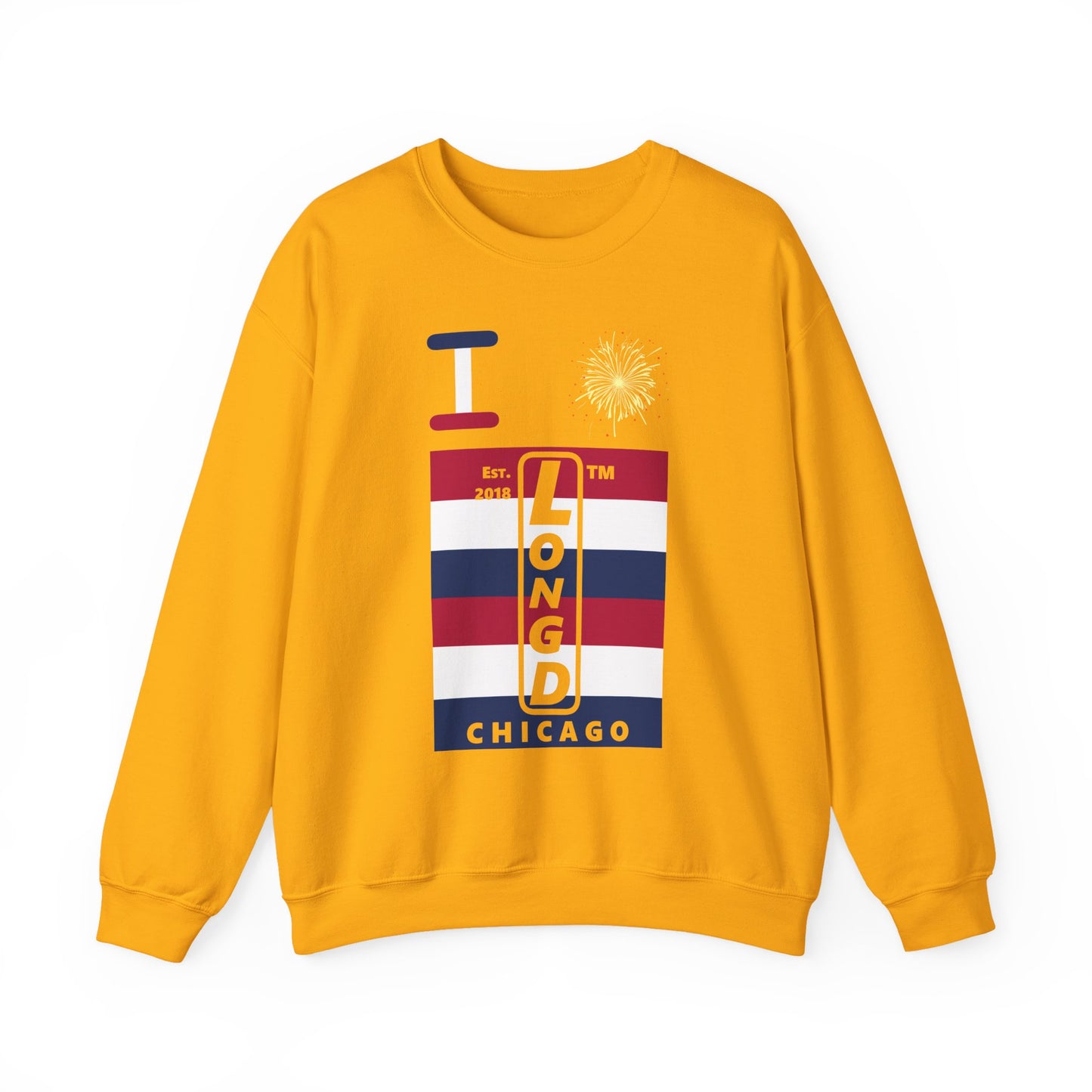 I Burst LongD negative horizontal 6-striped Chicago upright logo crewneck sweatshirt
