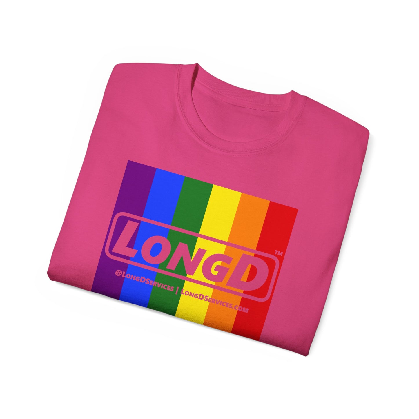LongD® Logo Cotton Tee Pride rainbow vertical flag negative text