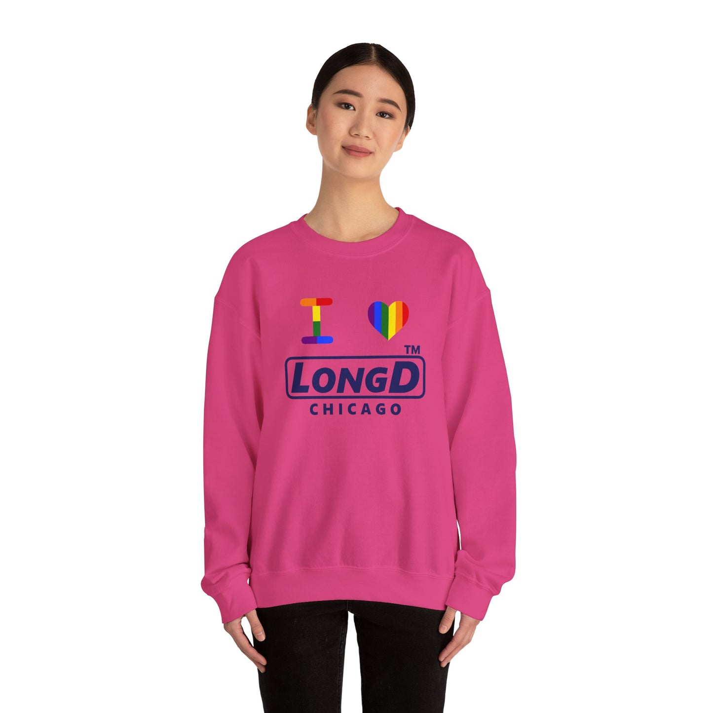 I Luv LongD official basic Chicago logo crewneck sweatshirt with Pride heart