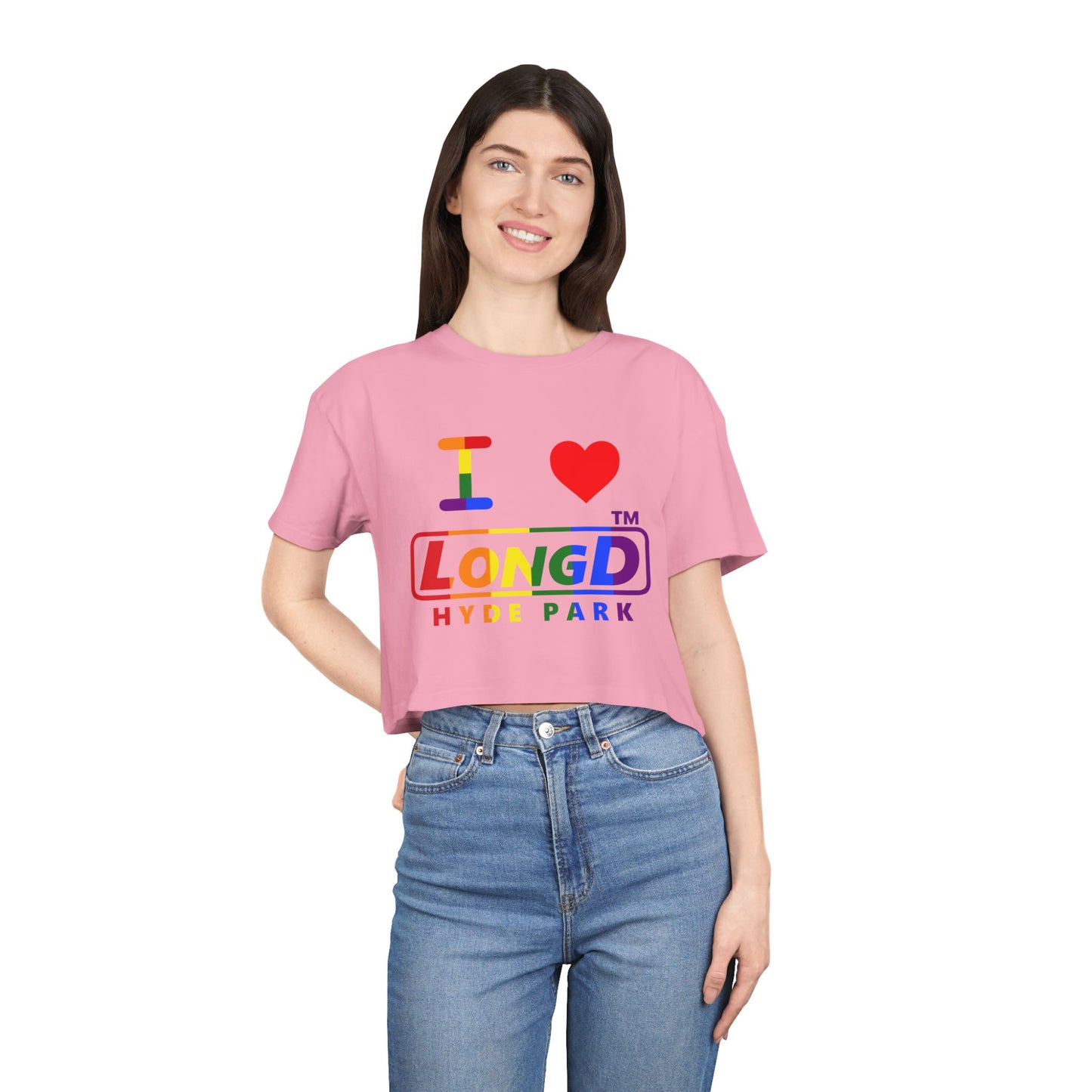 I Luv LongD positive vertical 6-striped Hyde Park logo crop tee (Pride colors)