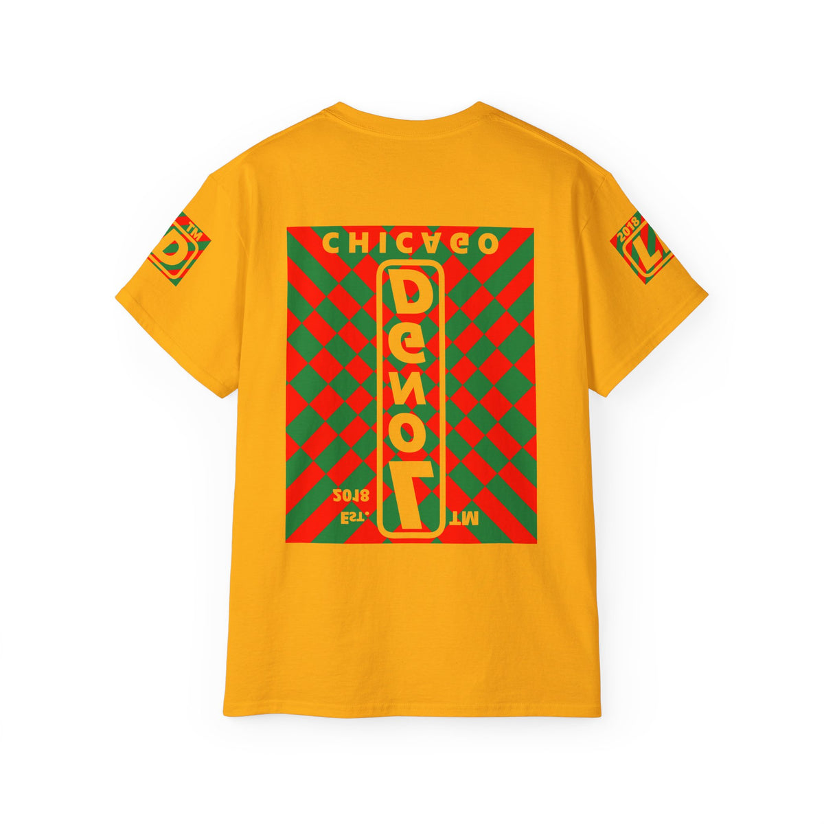 LongD Chicago negative upright stylized argyle 4-print logo (Xmas colors) cotton tee