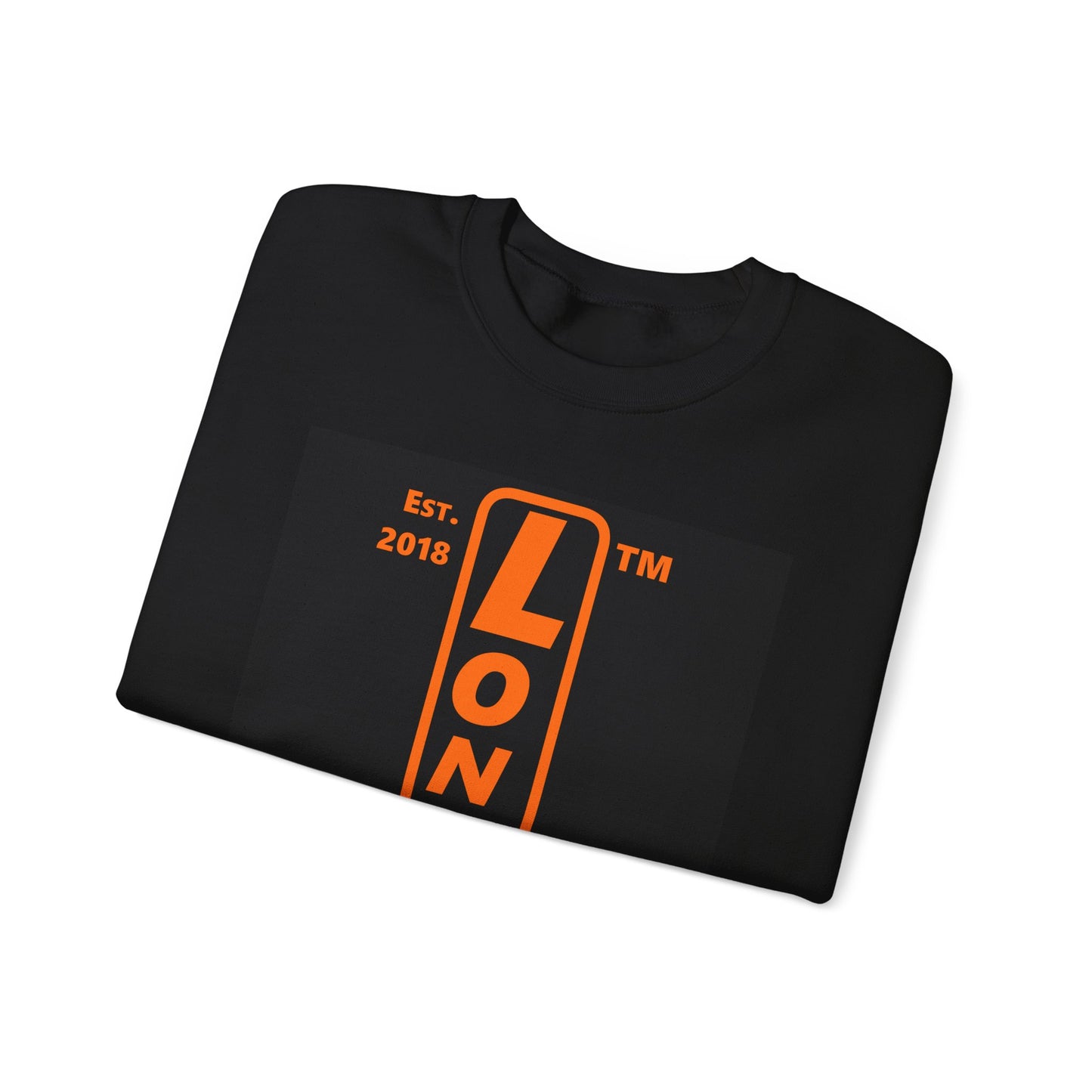 LongD Tag-domain upright front-back logo orange (FE7518) on Black (000000) crewneck sweatshirt