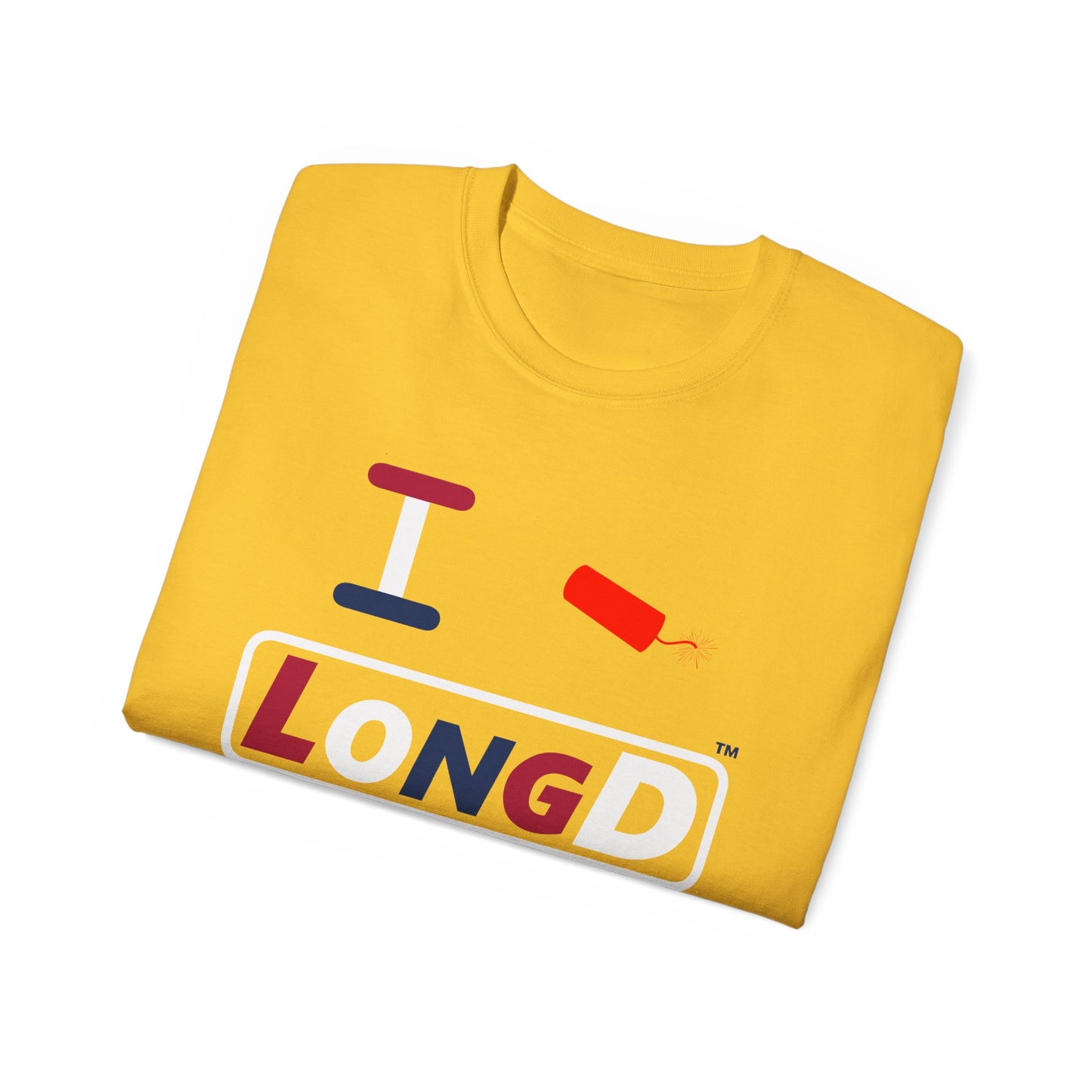 I Firecracker LongD® Logo Cotton Tee Red, White and Blue positive varied elements text