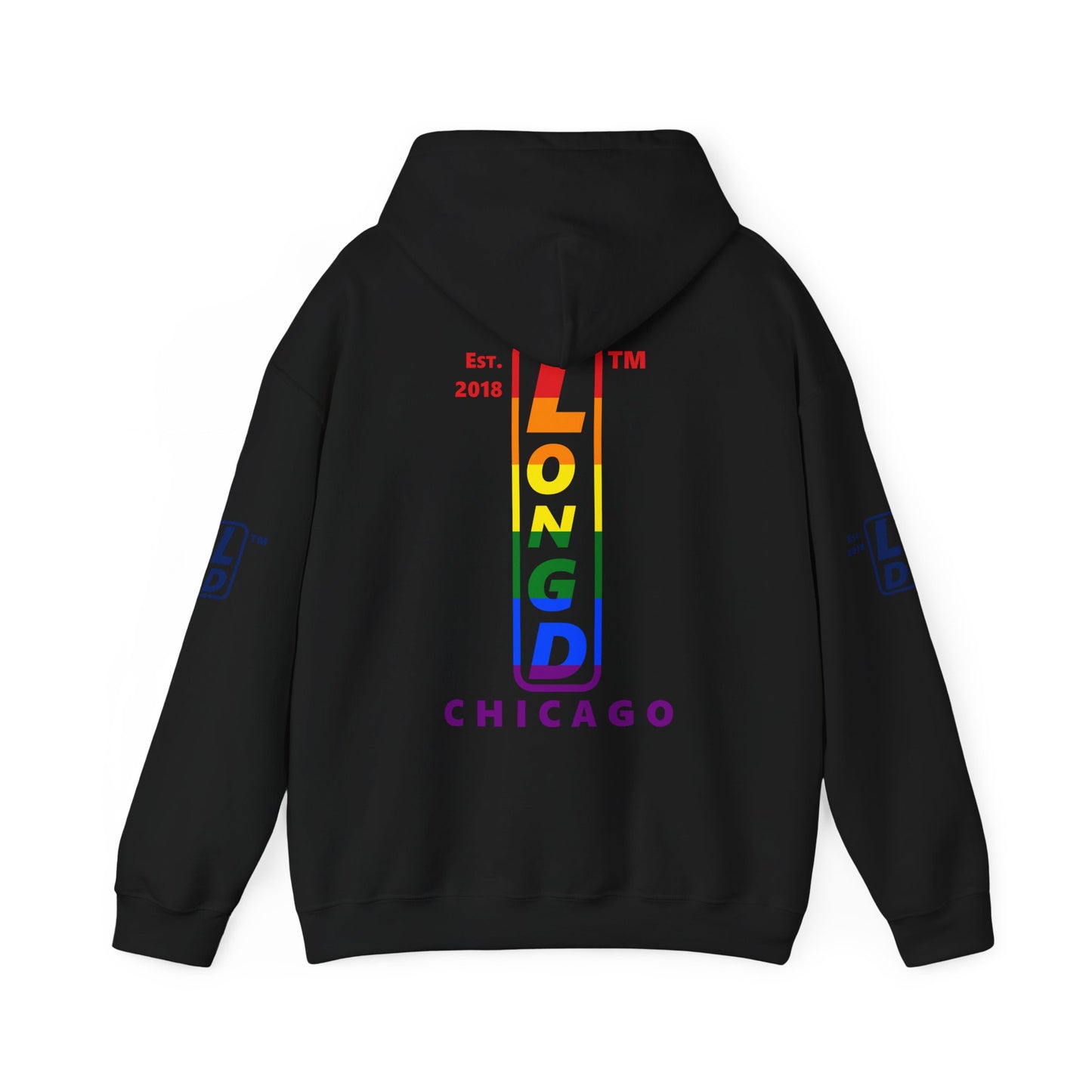 LongD® positive horizontal 6-striped Chicago 4-print upright logo hoodie (Pride colors)