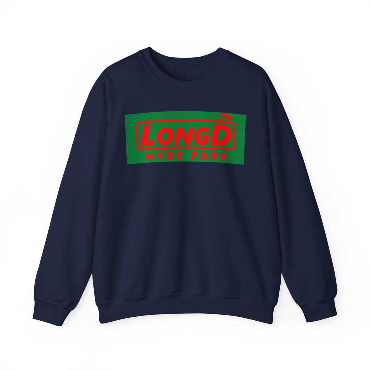 LongD Hyde Park logo positive red on negative green (Xmas colors) crewneck sweatshirt
