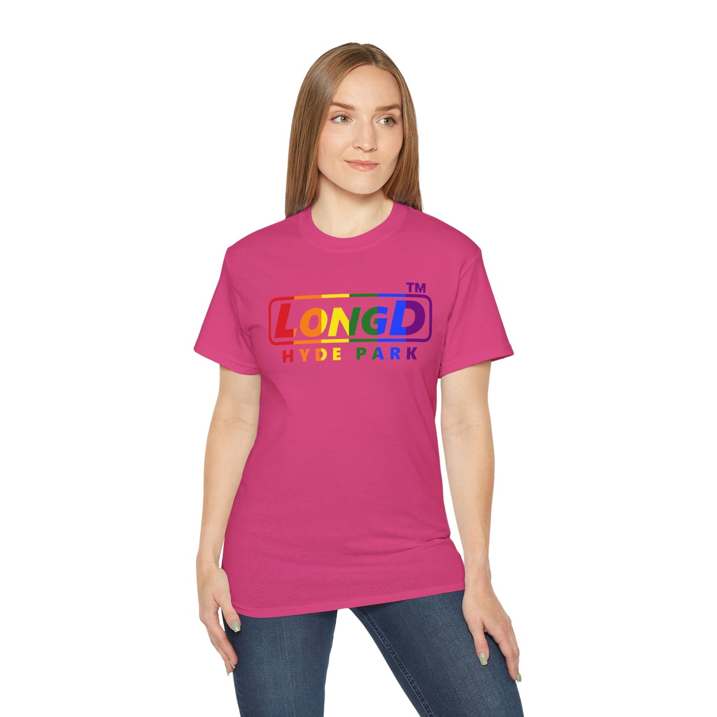 LongD positive vertical striped Hyde Park logo cotton tee (Pride colors)