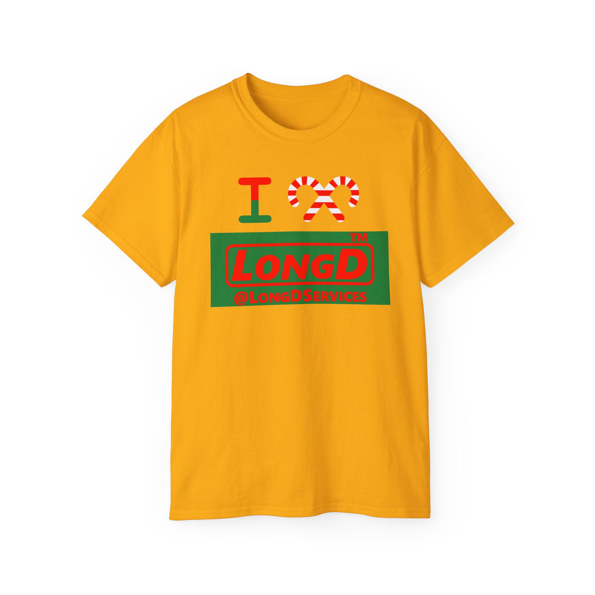 I candy cane LongD Tag logo positive red on negative green cotton tee