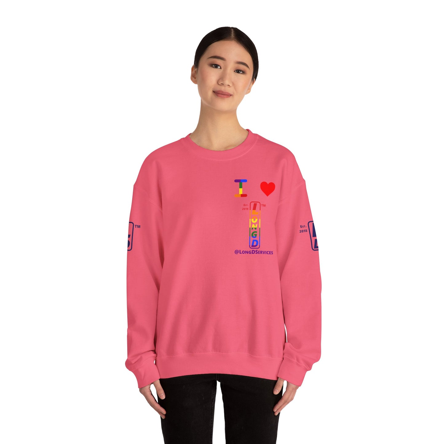 I Luv LongD positive horizontal 6-striped tag upright 4-print single-breasted logo crewneck sweatshirt