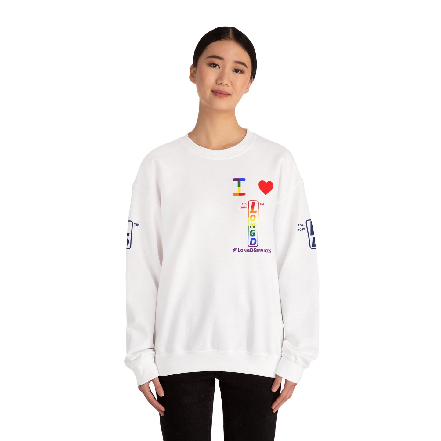 I Luv LongD positive horizontal 6-striped tag upright 4-print single-breasted logo crewneck sweatshirt