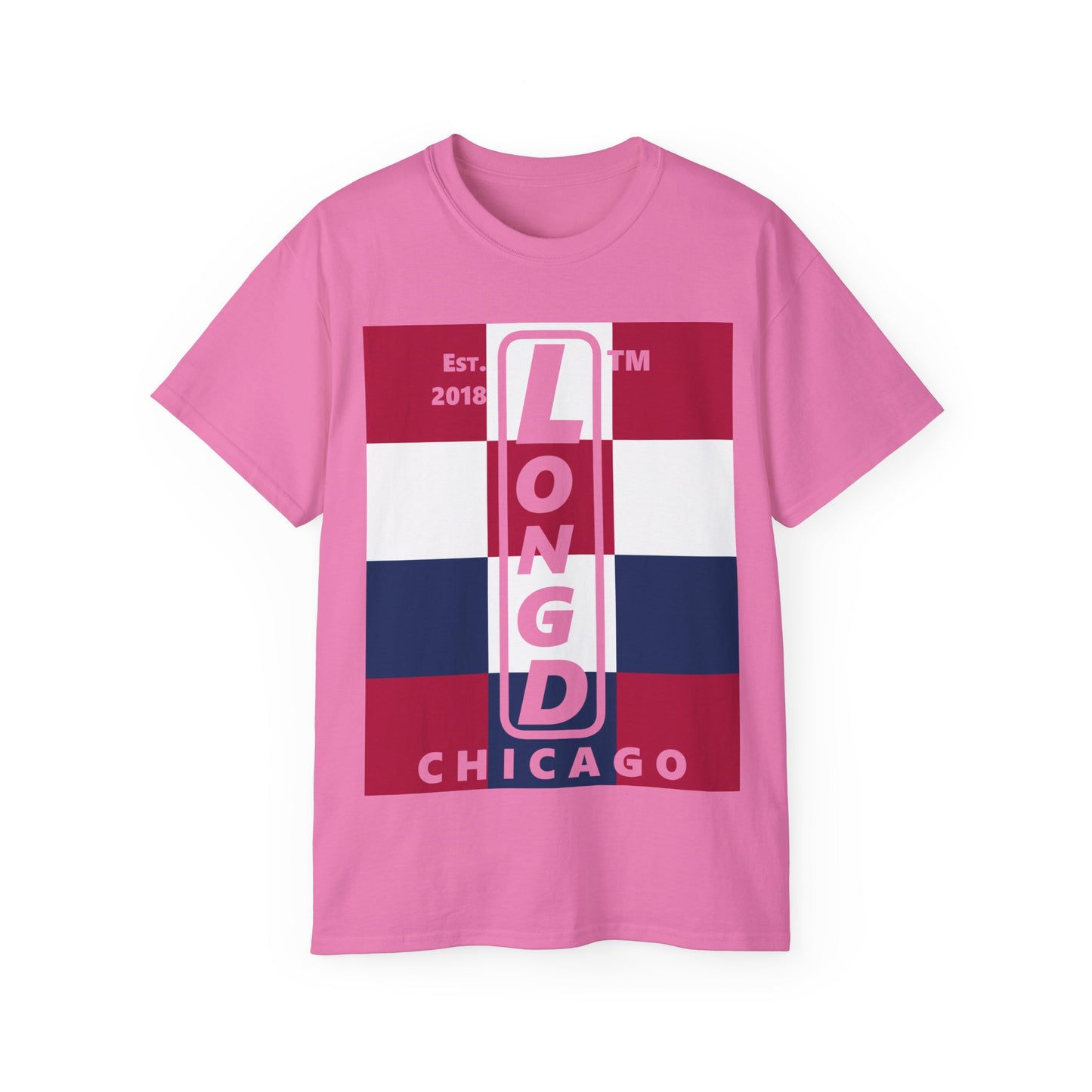 LongD cotton tee negative 4x3 Chicago upright logo (Patriotic colors)