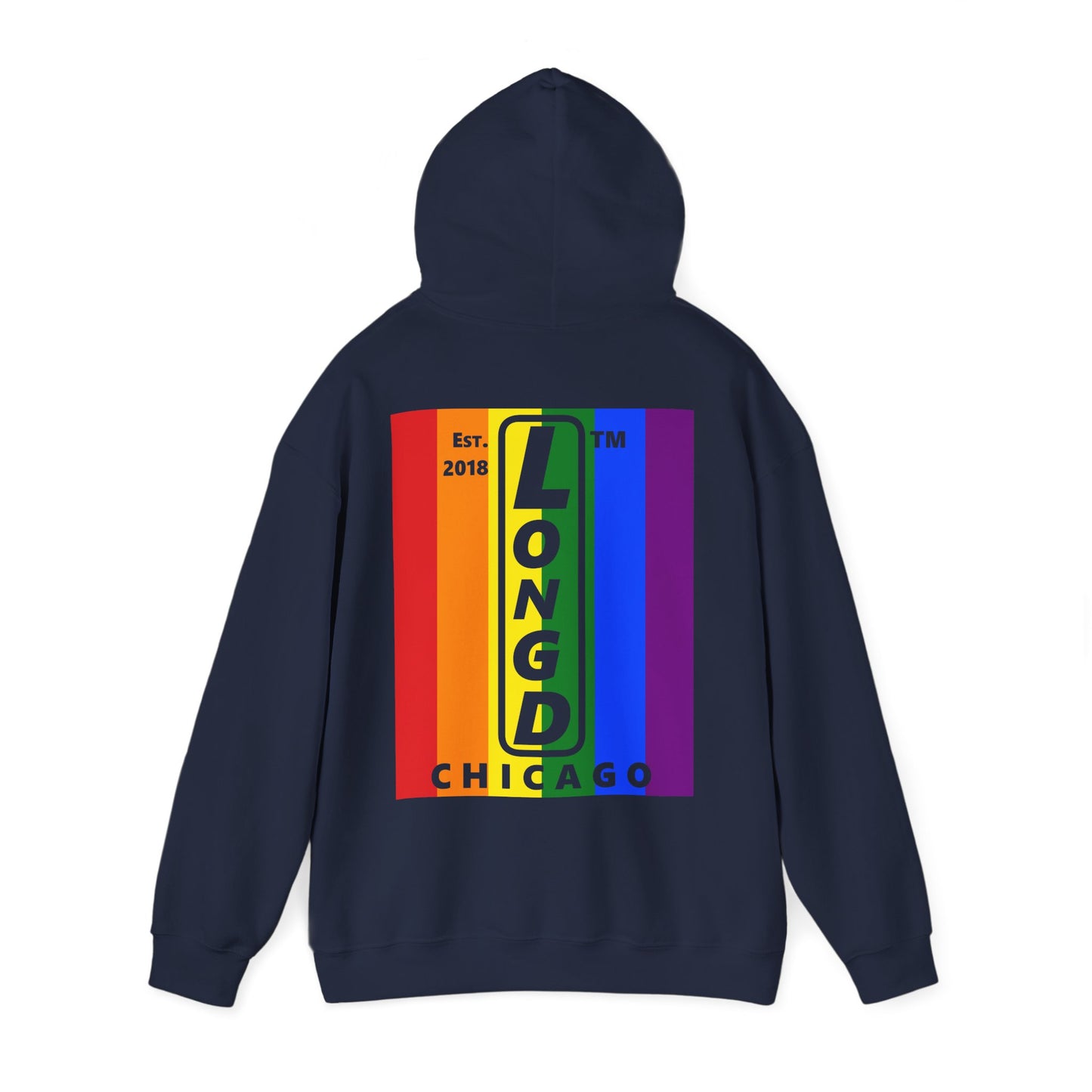 LongD single-breasted negative vertical 6-striped front-back upright Chicago logo hoodie (Pride colors)