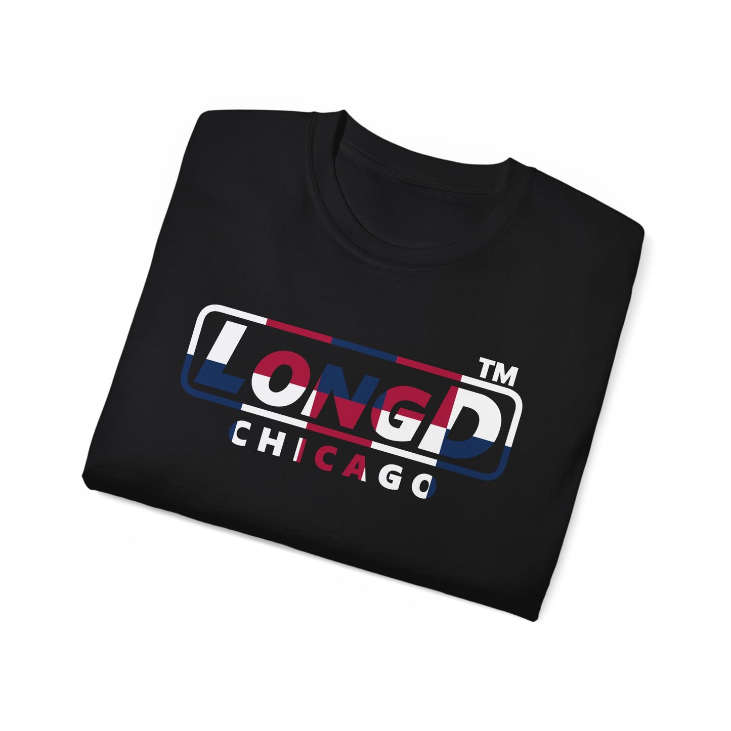 LongD positive 2x5 front-back Chicago logo cotton tee (patriotic colors)