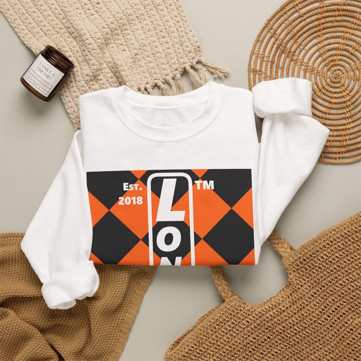 LongD Hyde Park negative upright argyle logo (Halloween colors) crewneck sweatshirt