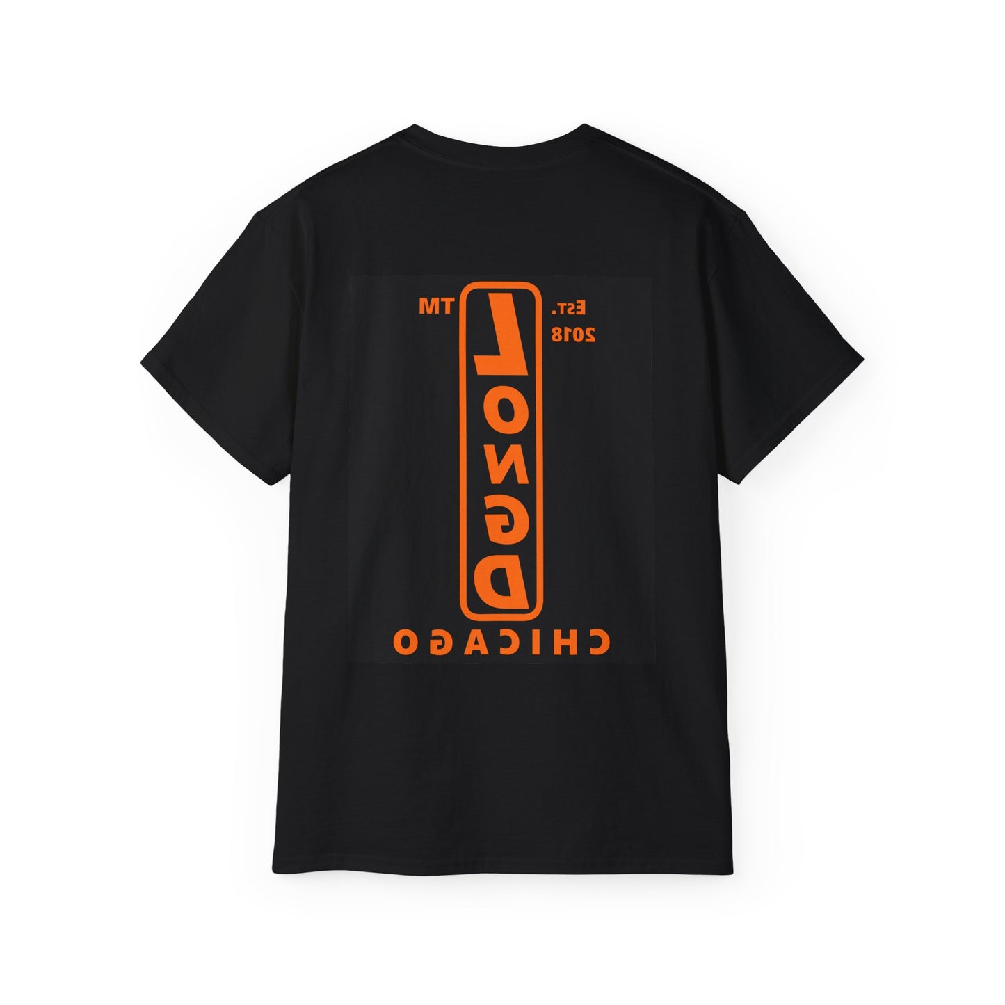 LongD Chicago upright front-back logo orange (FE7518) on Black (000000) cotton tee